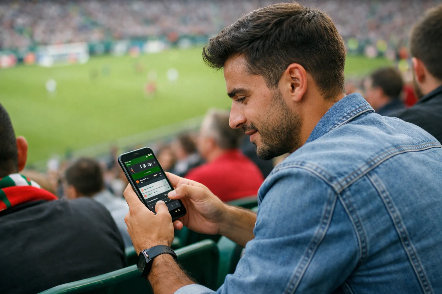 Adepto no estádio a usar smartphone para apostas ao vivo durante jogo de futebol
