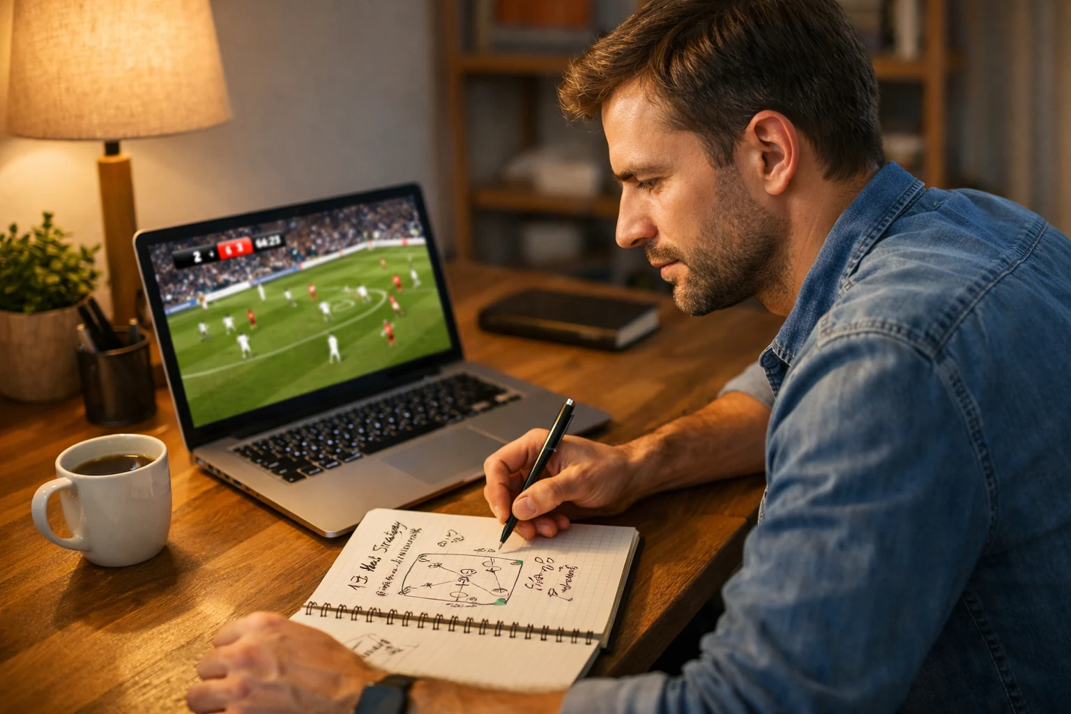 Apostador concentrado a analisar estratégias de apostas ao vivo em futebol