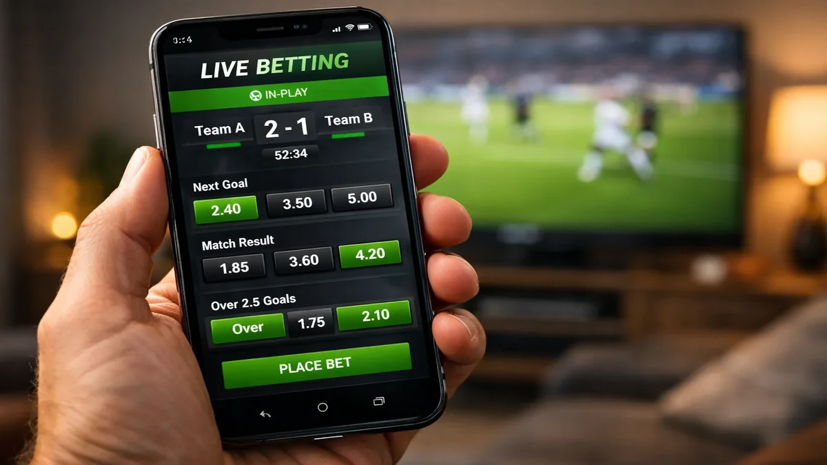 Apostas ao vivo em futebol num smartphone durante jogo emocionante