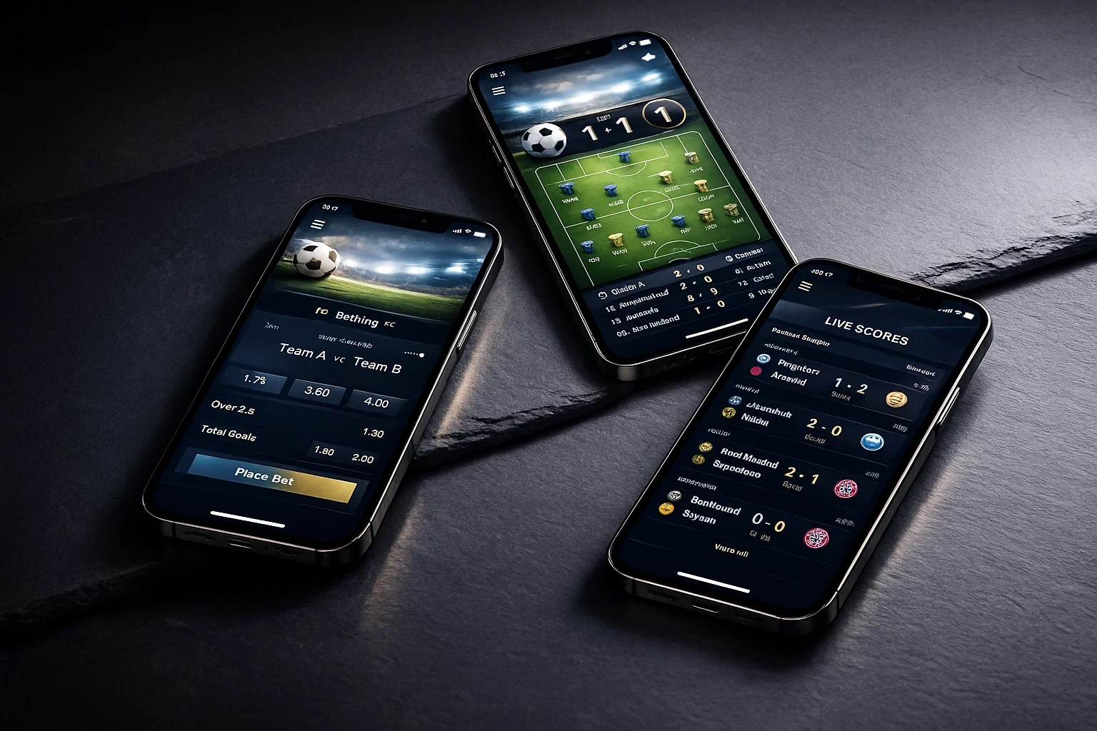 Três smartphones modernos a exibir diferentes interfaces de aplicações de apostas de futebol