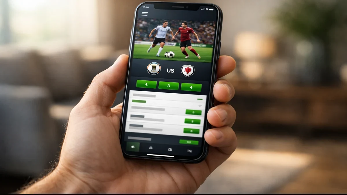 Mão a segurar smartphone com aplicação de apostas desportivas instalada