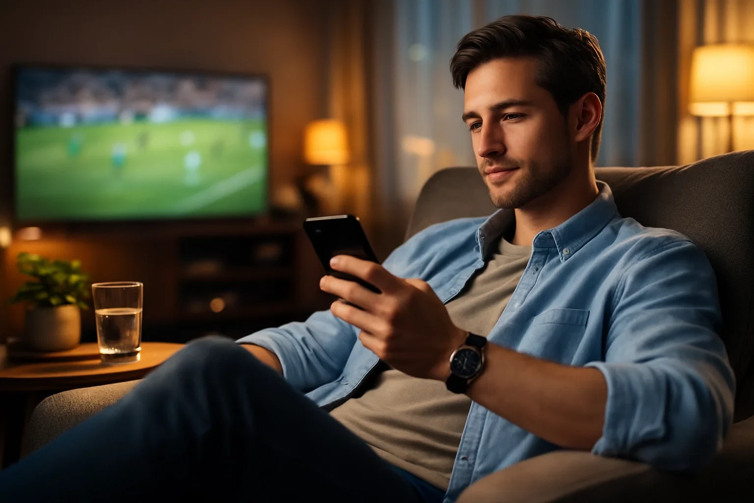 Pessoa relaxada a ver futebol no telemóvel de forma controlada
