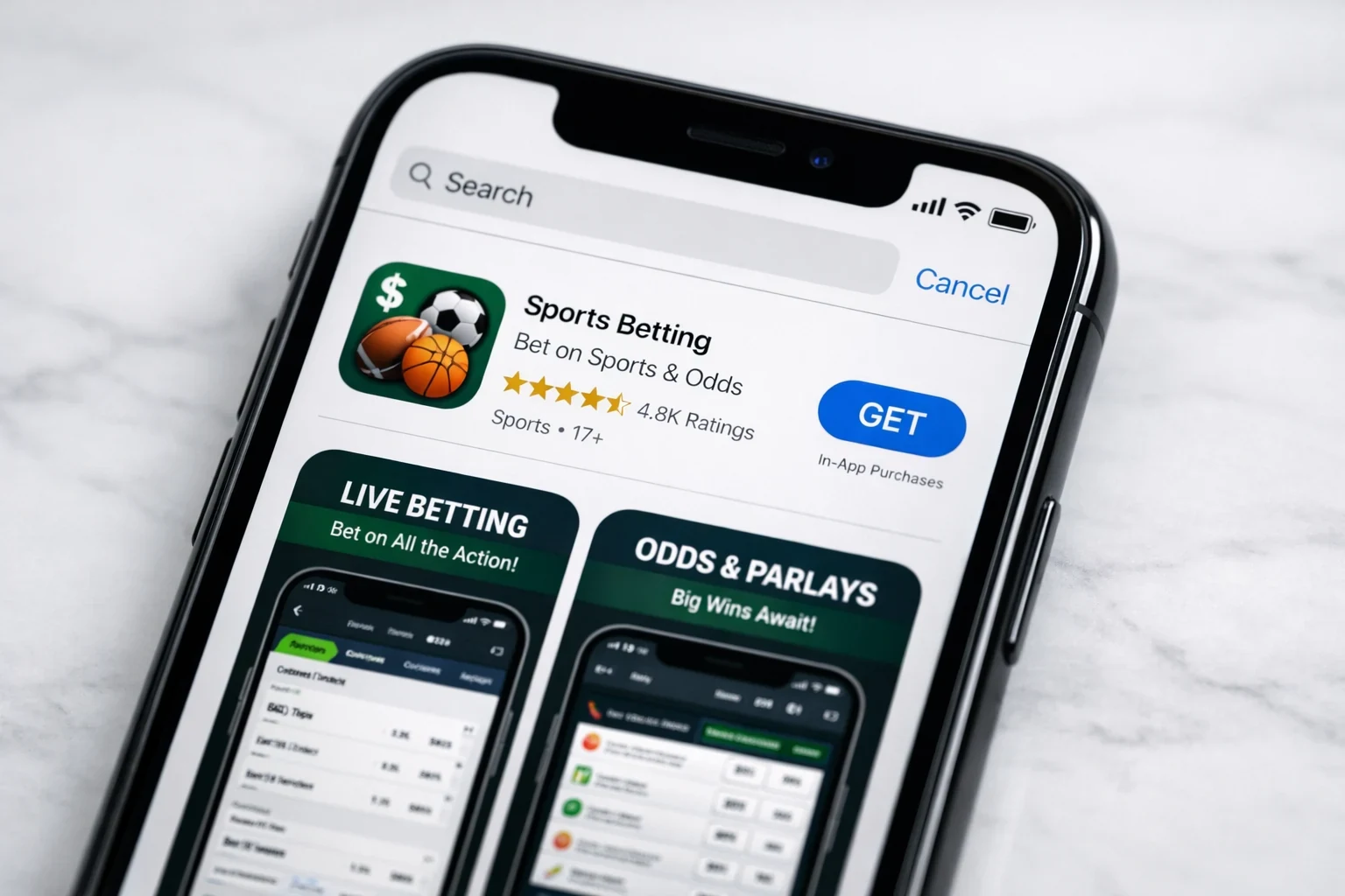 Ecr&atilde; de iPhone com App Store a mostrar download de aplica&ccedil;&atilde;o de apostas