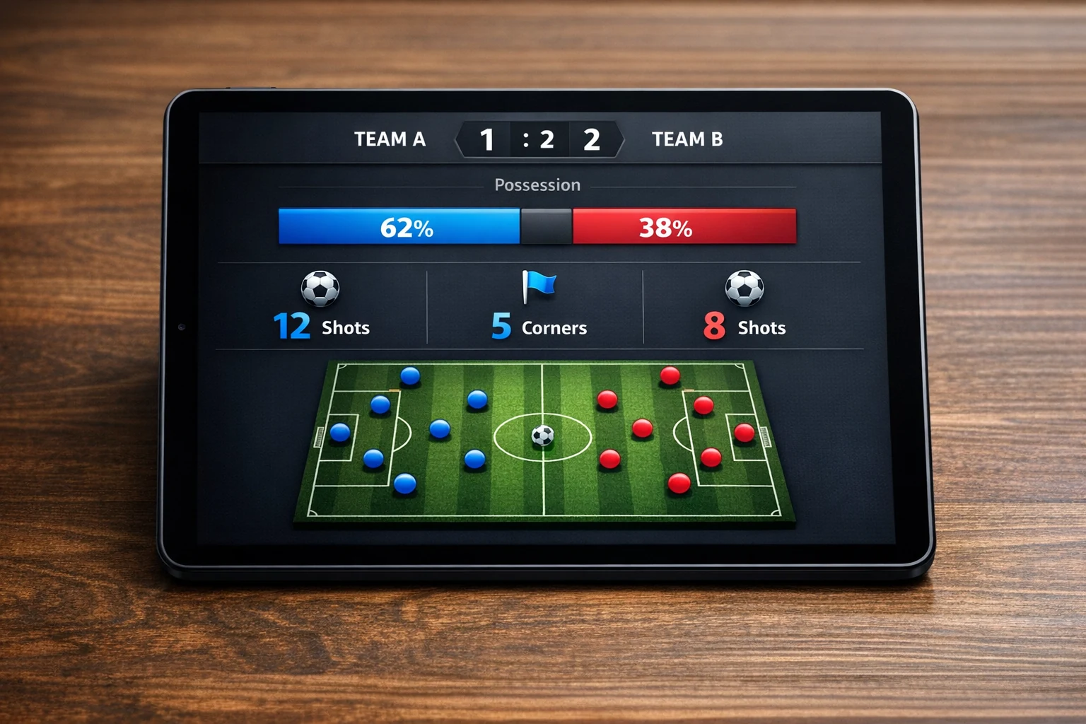 Ecrã de aplicação móvel com estatísticas de futebol em tempo real durante jogo