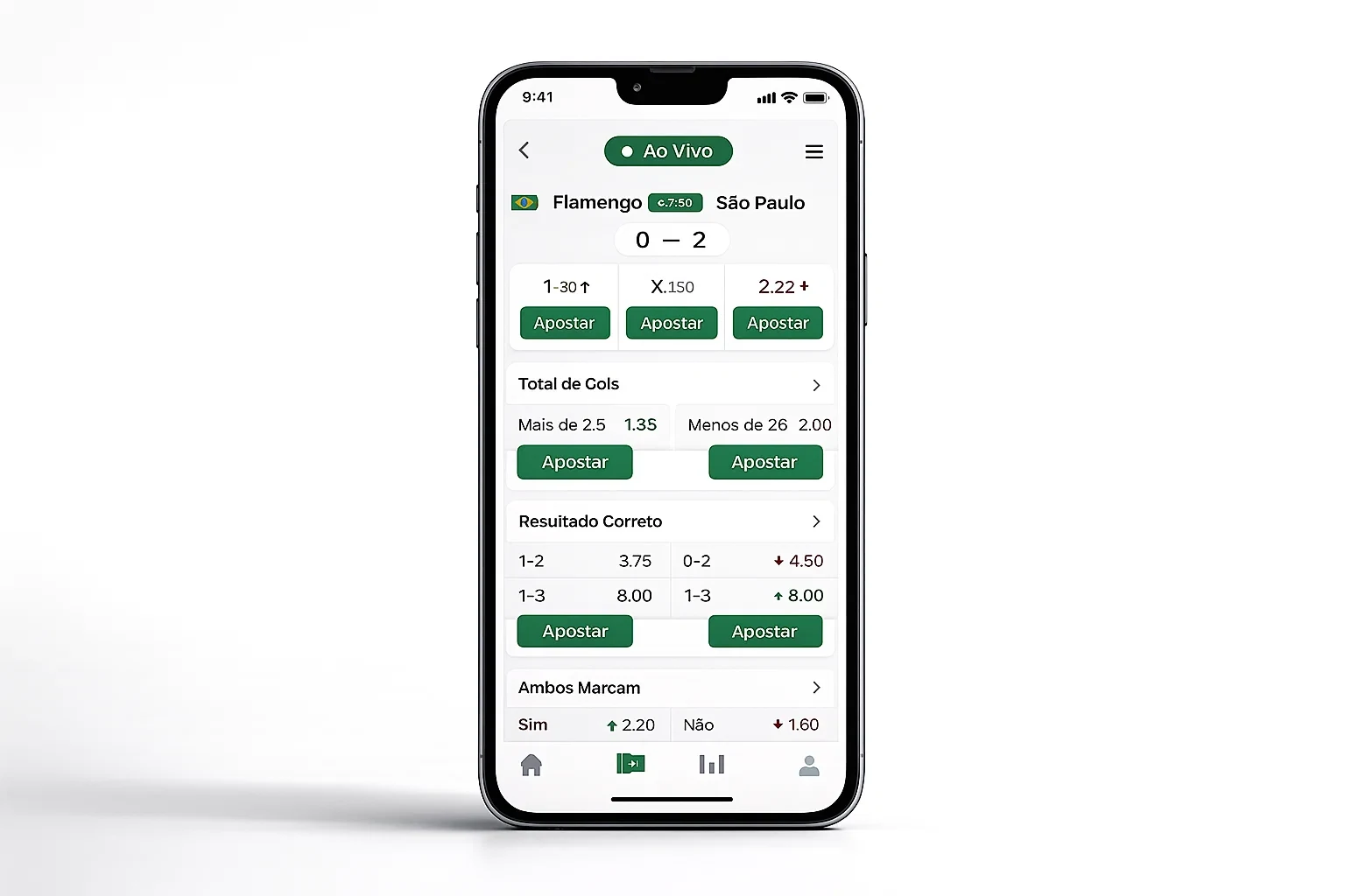 Interface de aplicação móvel de apostas ao vivo com odds em tempo real