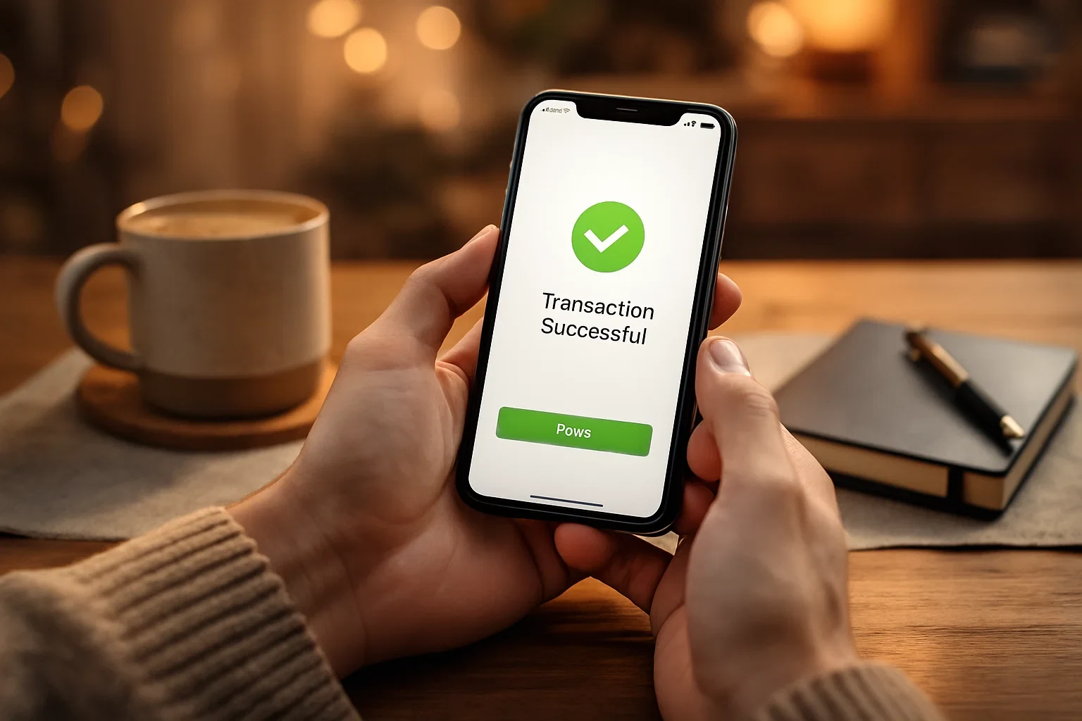 Mãos a segurar smartphone com confirmação de transação bem-sucedida