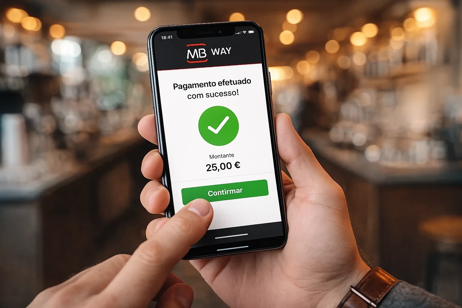 Mão a segurar telemóvel com aplicação MB Way a confirmar transação de depósito