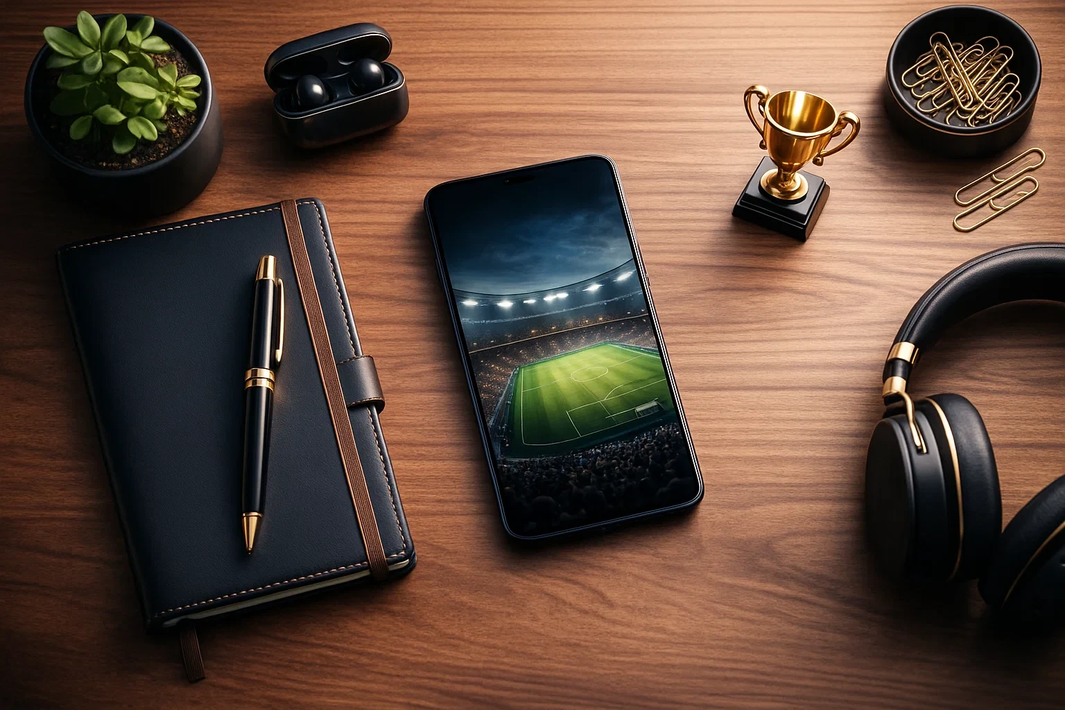 Mesa organizada com smartphone e troféu dourado representando as melhores aplicações