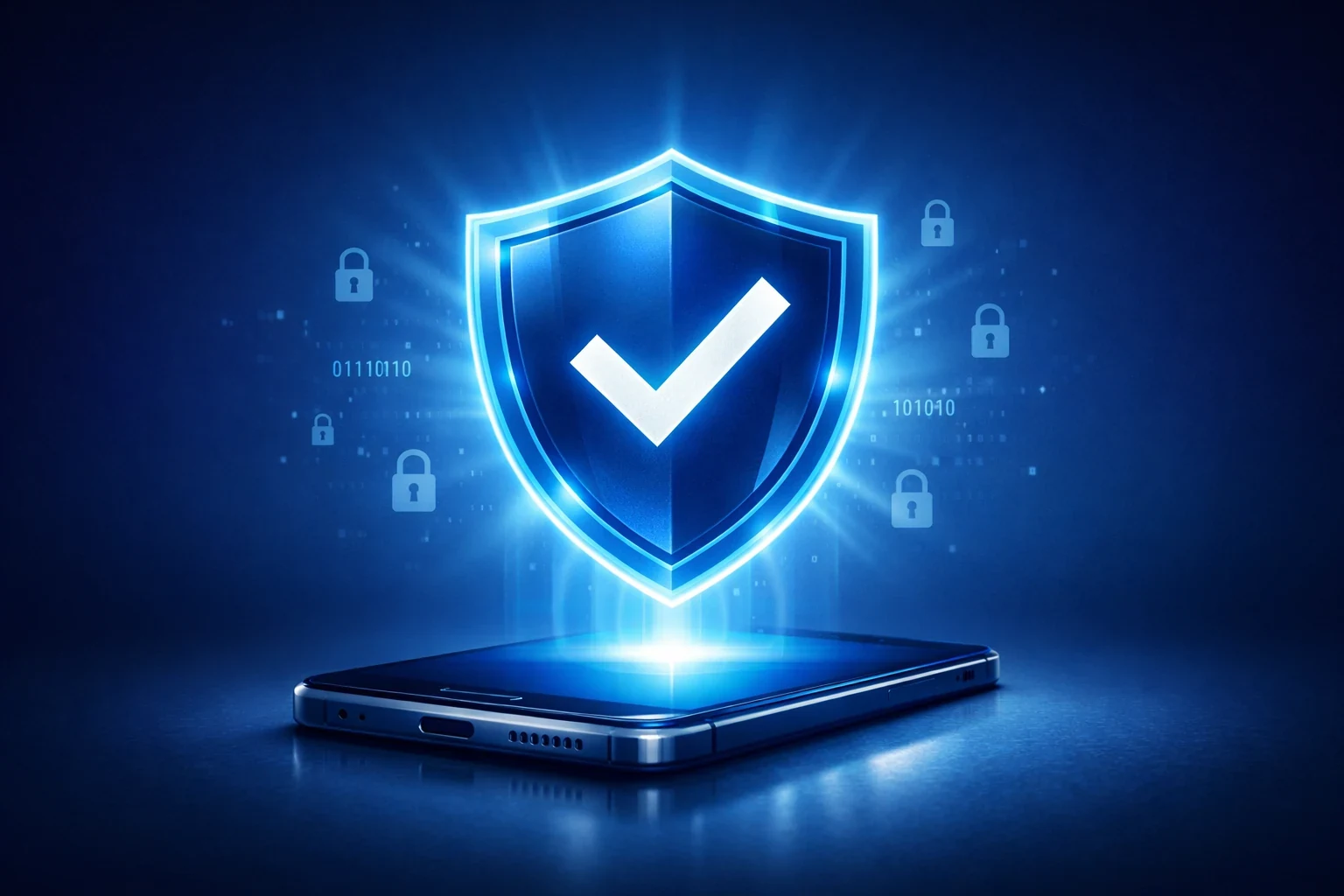 Escudo de prote&ccedil;&atilde;o digital com smartphone simbolizando seguran&ccedil;a na instala&ccedil;&atilde;o de aplica&ccedil;&otilde;es