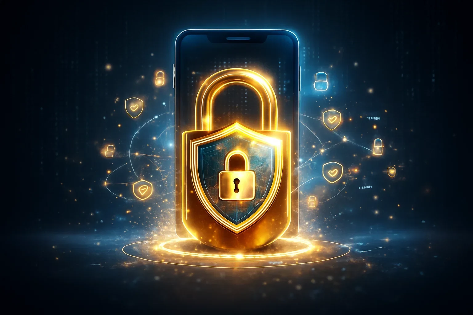 Cadeado digital com escudo de proteção sobre smartphone simbolizando segurança em pagamentos online