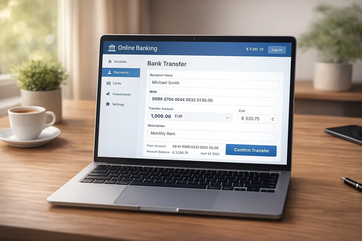 Ecrã de computador portátil com interface de homebanking a mostrar transferência bancária